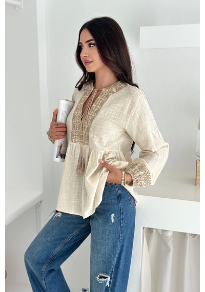 Asprin Fashion Etnik Desenli Bağlamalı Bluz Krem Asprin Fashion Etnik Desenli Bağlamalı Bluz Krem