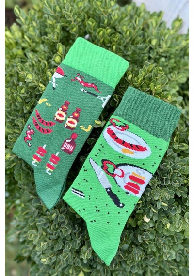 Lousocks Unisex Sağlı Sollu Mangal Partisi Desenli Yeşil Soket Çorap