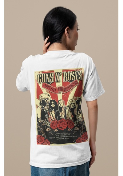 Tasarım Guns N' Roses Sırt Baskılı Unisex Oversize Rock Metal Müz Beyaz