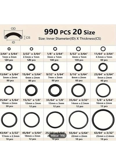 Unıversal Oring Seti Siyah 20 Tip - 990 Adet