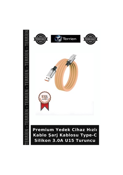 Premium Yedek Cihaz Hızlı Kablo Şarj Kablosu Type-c Silikon 3.0a U15 Turuncu