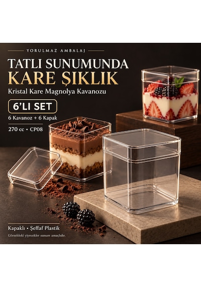 Kristal Kare Magnolya Kavanozu 270 Cc Kapaklı 6 Lı Cp08 Şeffaf Plastik Tatlı Ve Puding Sunum Kabı