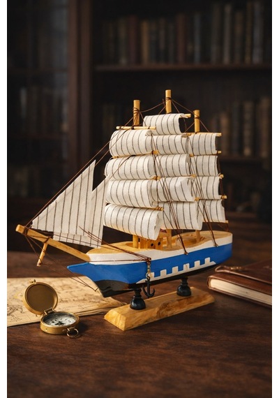 Dekoratif Premium Ahşap El Yapımı Yelkenli Gemi Maketi Ev Ofis Masa Üstü Biblo 24 X 24 Cm Mavi 529-c 24 Cm