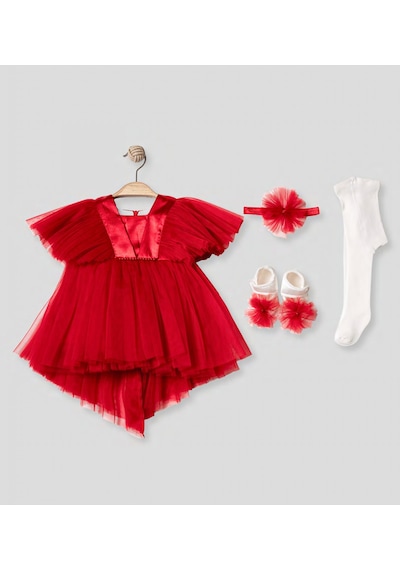Pugi Baby Kız Bebek Şık Dantelli Mevlüt / Özel Gün Elbisesi Kırmızı1