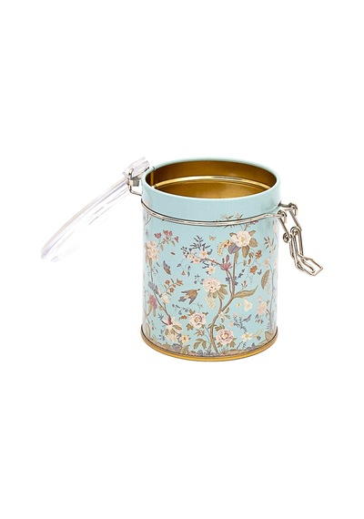 Botanica Blue Desenli Kilitli Kapaklı Yuvarlak Metal Kutu, 9 X 11 Cm, 0.6 Lt