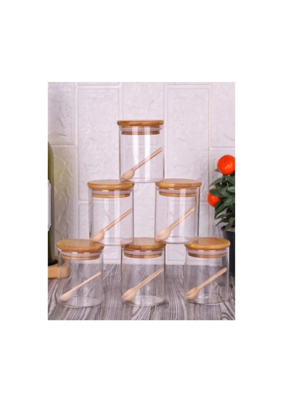 6 Lı Kaşıklı Bambu Kapaklı Borosilikat Cam 250 Ml Baharatlık Seti Baharatlık Takımı 690424720 Diğer