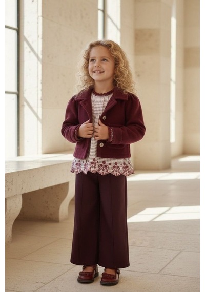 Mnk Baby & Kids Kız Çocuk Kaşe Ceketli Takım M00799 Bordo