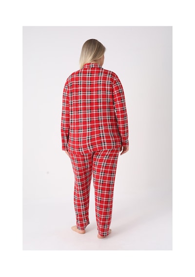 Estiva Kadın Kareli Kırmızı Önden Düğmeli Soft Battal Pijama Takımı Çok renkli