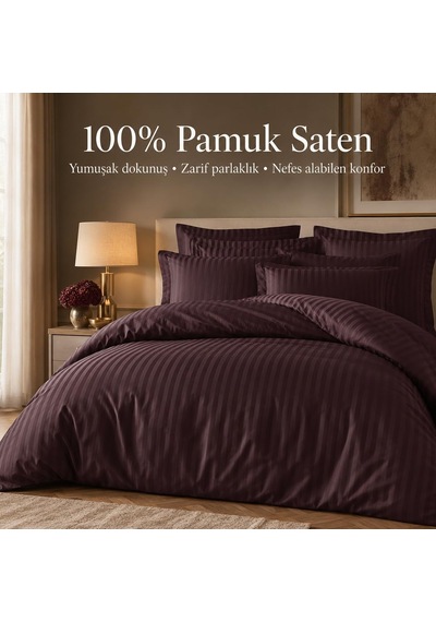 %100 Pamuk Saten Çizgili Bordo Nevresim Takımı Diğer