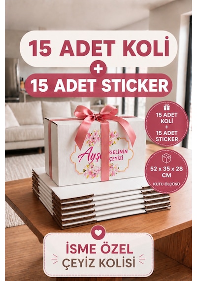 Kişiye Özel Çeyiz Kolisi Seti 52x35x28 Cm 15 Adet Beyaz Bc Dalga Koli + 15 Adet İsimli Sticker Diğer