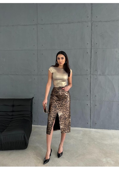 Zeo Basic Varak Baskılı Leopar Desnli Midi Etek Varak Leopar