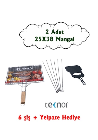 2'li Paslanmaz Krom Kaplama Tel Izgara / Mangal Izgarası 25x38cm 6 Şiş Ve Yelpaze Hediyeli
