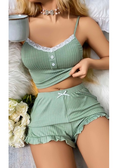 Kadın Yeşil Dantel Detaylı Şortlu Gecelik Pijama Takımı 5014
