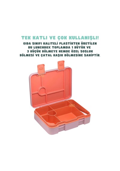 Vagonlife Bento 1300ml Lunchbox Tek Katlı 4 Bölmeli Abs Plastik Çocuk Sefer Tası Yemek Kutusu Pembe