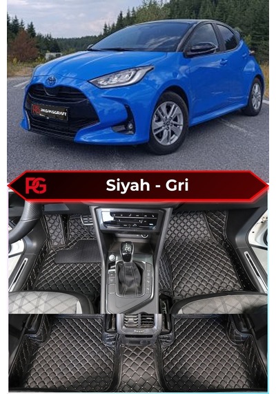 Toyota Yaris Hybrid Siyah Üzeri Gri Dikiş 8d Diamond Premium Kaymaz Deri Oto Paspas