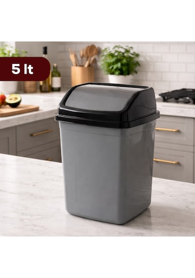 Porsima 0101 Kapaklı Gri-siyah Çöp Kutusu - Favori Banyo Ve Mutfak Çöp Kovası 5lt Siyah