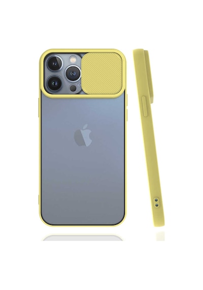 Noktaks - Apple Uyumlu iPhone   13 Pro Max - Kılıf   Slayt Sürgülü Arkası Buzlu Lensi Kapak - Sarı