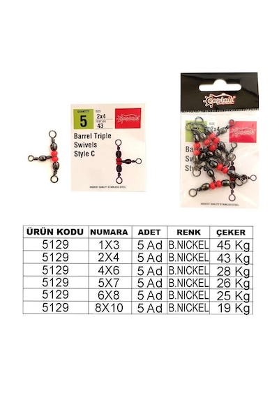 Captain 5129 Üçlü Boncuklu T Fırdöndü 5li Paket Black Nikel 6x8