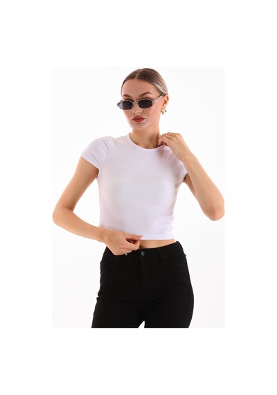 Loısy Kadın Likralı Kısa Kol Crop Bluz BEYAZ