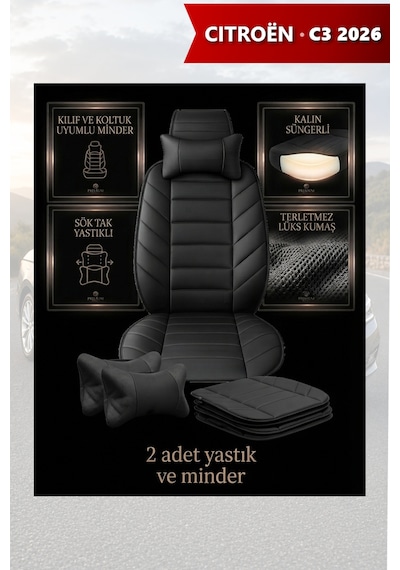 Citron C3 2026 Uyumlu Premium Lüks Siyah Renk 2 Adet Minder Ve Yastık