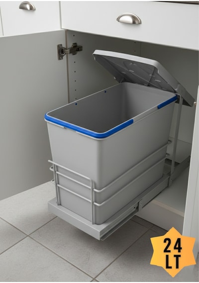 Cassone 24 Litre, Dolap İçi Raylı Gri, Otomatik Çöp Kovası , Kapak Genişliği 40 Cm. Açık Gri