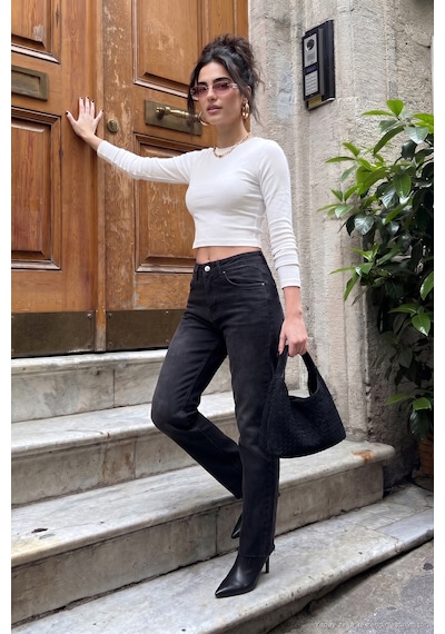 Lela Pamuklu Yüksek Bel Düz Paça Jeans Kadın Kot Pantolon 7031007 Siyah