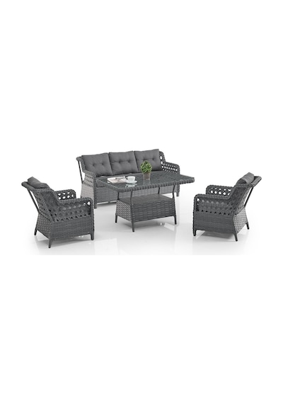 Deniz Rattan Puflu Bahçe Balkon Takımı 3+1+1 Antrasit Deniz Rattan Puflu Bahçe Balkon Takımı 3+1+1 Antrasit