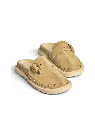 Fox Shoes Y918143802 Bej Süet Önü Kapalı Zımba Detaylı Sabo Terlik