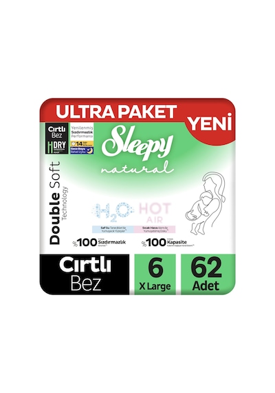 Sleepy Natural Double Soft Ultra Paket Bebek Bezi 6 Numara Xlarge 62 Adet