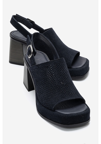 Luvi Shoes Penvıa Lacivert Süet Hakiki Deri Kadın Kalın Topuklu Sandalet