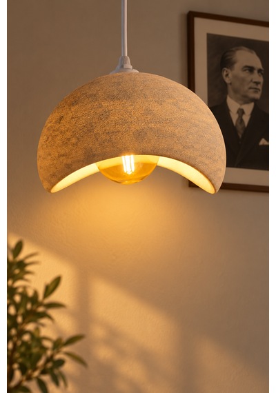 Beton Görünümlü Tekli Sarkıt Avize Dokulu Modern Bohem İskandinav Salon Mutfak G95 Rustik Led Ampul Hediyeli Beyaz