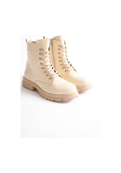 Analin Shoes Kadın Hakiki Deri Bağcıklı Fermuarlı Rahat Postal Bot Bej Rugan