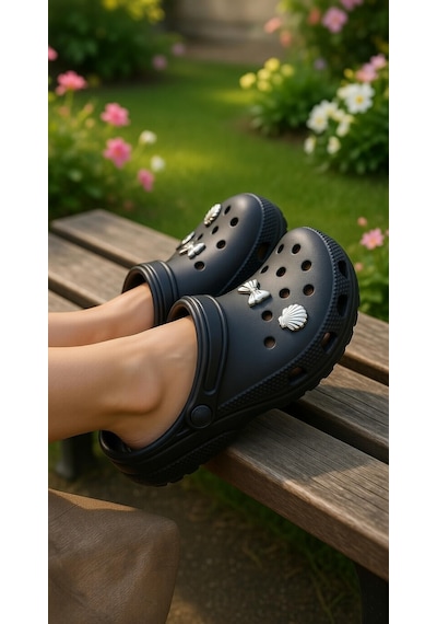 Stil Shoes Kadın Croks Eva Terlik Hafif Rahat Şık Taşlı Yumuşak Terlik Siyah