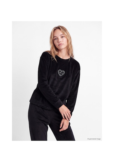 Lcw Young Siyah Nakışlı Kadife Kadın Pijama Takımı