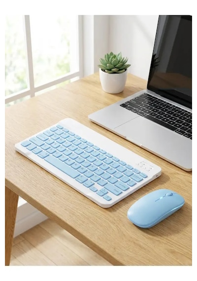 Kablosuz Bluetooth Klavye Ve Dongle Lı Mouse Seti Şarjlı Klavye Ve Fare Kombinasyonu Mavi
