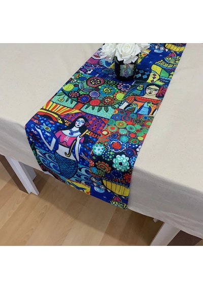 Frida Kahlo Desenli Runner, Yüksek Kaliteli Dijital Baskılı Runner, Dayanıklı, Modern Tasarım 40x145 Çok Renkli