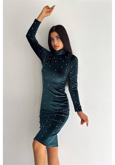 Dip Moda Kadın İnci Detaylı Mini Kadife Elbise Kklf77 - Yeşil Yeşil