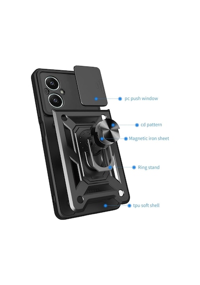 Realme 12 Lite Uyumlu Tank Kılıf Yüzüklü Standlı Extra Darbe Koruma Zırhlı Outdoor Kapak Siyah