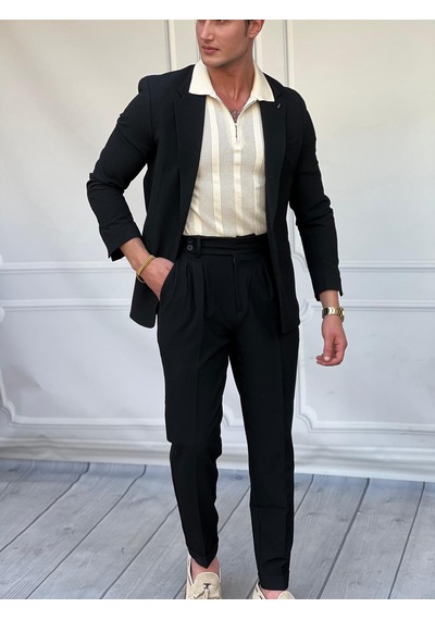 Modefendi Özel Seri %100 Gofre Kumaş İtalyan Kesim Pileli Modern Fit Takım Elbise Siyah