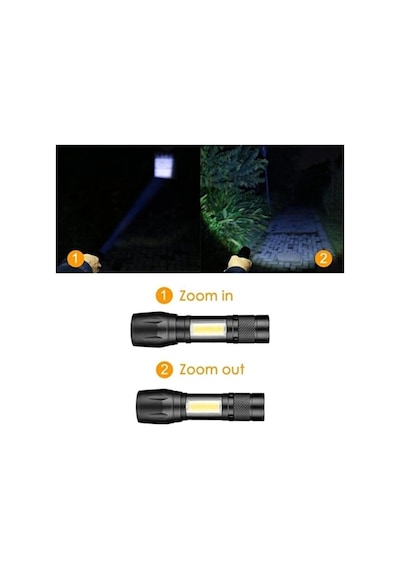 Usb Şarjlı Zoomlu Mini El Feneri 3 Mod Yan Cob Led Çakar Q5 Güçlü Işık Kutulu