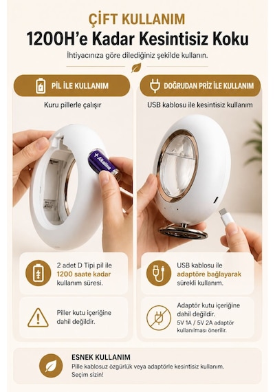 Ultrasonik Hava Nemlendirici Aroma Difüzör 120ml Usb Ve Pilli Çalışan Uygulama Kontrolü Zaman Ayarlı Krem