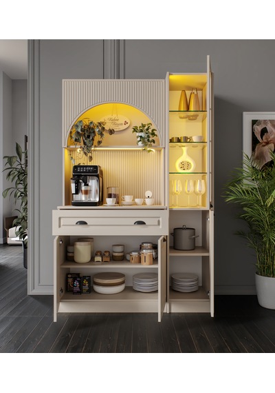Siena Kum Beji Midi Sağ Vitrinli 130 Cm Komple Mdf Led Aydınlatmalı Kahve Köşesi