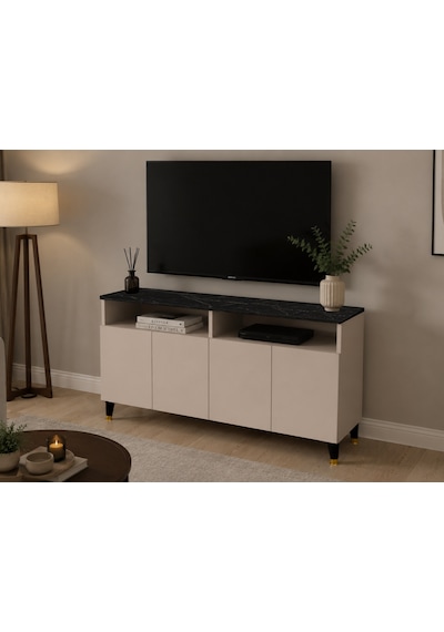 Yamaç Modern Tv Ünitesi 4 Kapaklı Ayaklı Televizyon Dolabı Salon Mobilyası Krem