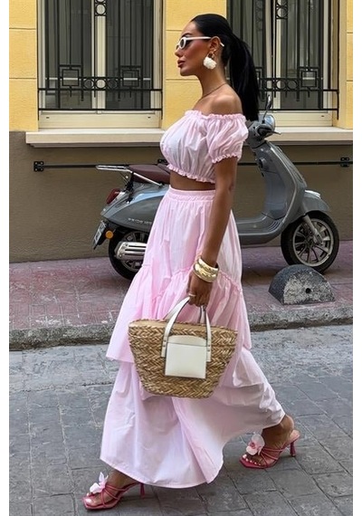 Dogutrend Büzgülü Crop Kat Detaylı Fırfır Etekli Takım 10196 Pembe
