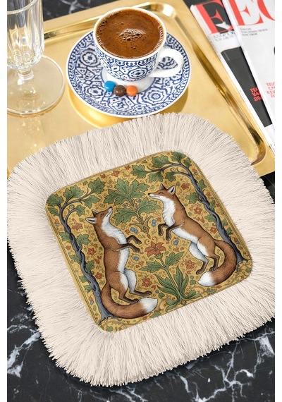 Lüks Vintage Tilki Temalı Saçaklı Kahve Yanı Sunum Peçetesi-doğal Flora Bohem Bardak Altlığı Mendil Çok Renkli
