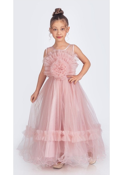 Mnk Baby & Kids Uzun Etekli , Askılı Kız Cocuk Gül Motif Abiye Elbise M00670 Pudra