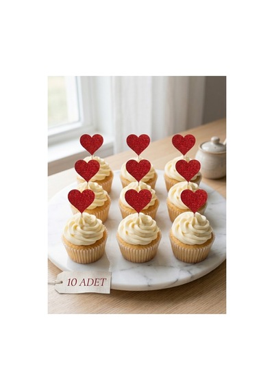 Kalp Kırmızı Simli Cupcake Kürdanı Doğum Günü Parti Ve Pasta Süsü 10 Lu 5cm