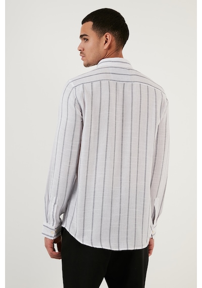 Buratti Pamuklu Çizgili Regular Fit Düğmeli Yaka Erkek Gömlek Cf21S112480 Beyaz-Lacivert