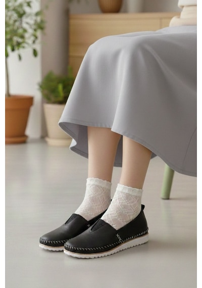 Napa Shoes Nefes Alan Hakiki Deri Rahat Taban Kadın Casual Ayakkabı Napa-108 Siyah