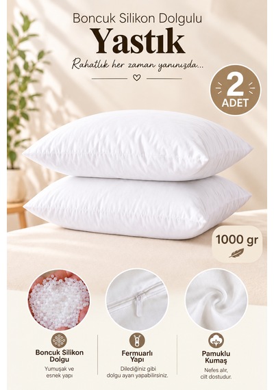 2 Adet Boncuk Silikon Yastık Fermuarlı 50x70 İç Yastık 1000 Gram Beyaz